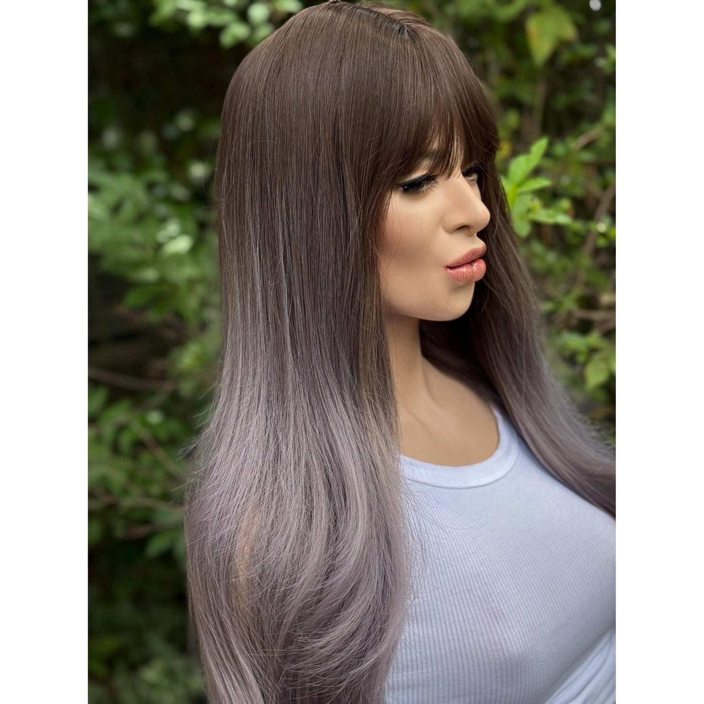 SMOKEY Dusty Heather Grey Lilac Purple Ombré Wig, Lightweight Full Cap, Heat Safe Glueless Unit with French Bangs