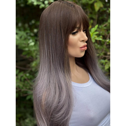 SMOKEY Dusty Heather Grey Lilac Purple Ombré Wig, Lightweight Full Cap, Heat Safe Glueless Unit with French Bangs