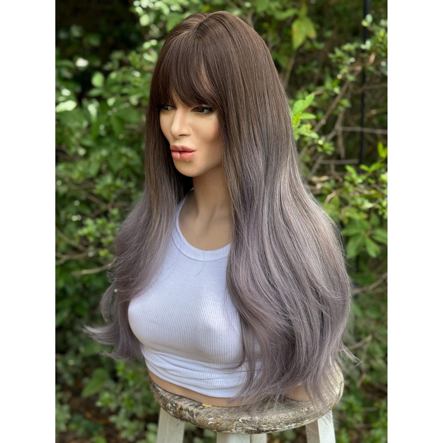 SMOKEY Dusty Heather Grey Lilac Purple Ombré Wig, Lightweight Full Cap, Heat Safe Glueless Unit with French Bangs