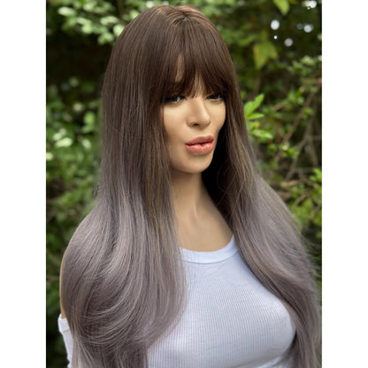 SMOKEY Dusty Heather Grey Lilac Purple Ombré Wig, Lightweight Full Cap, Heat Safe Glueless Unit with French Bangs