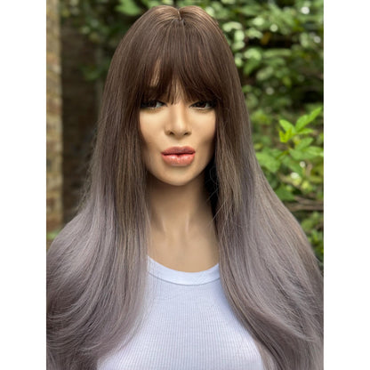 SMOKEY Dusty Heather Grey Lilac Purple Ombré Wig, Lightweight Full Cap, Heat Safe Glueless Unit with French Bangs