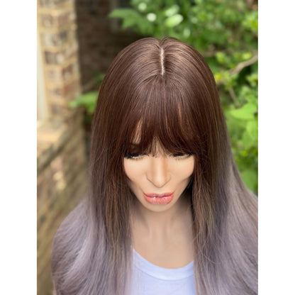 SMOKEY Dusty Heather Grey Lilac Purple Ombré Wig, Lightweight Full Cap, Heat Safe Glueless Unit with French Bangs