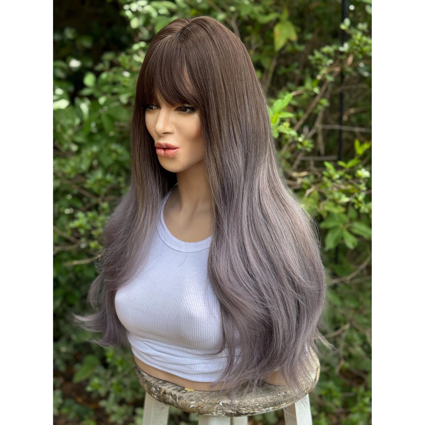 SMOKEY Dusty Heather Grey Lilac Purple Ombré Wig, Lightweight Full Cap, Heat Safe Glueless Unit with French Bangs