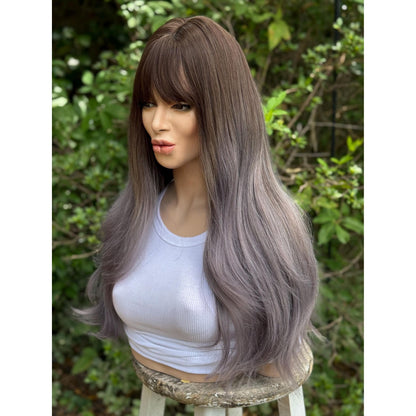 SMOKEY Dusty Heather Grey Lilac Purple Ombré Wig, Lightweight Full Cap, Heat Safe Glueless Unit with French Bangs