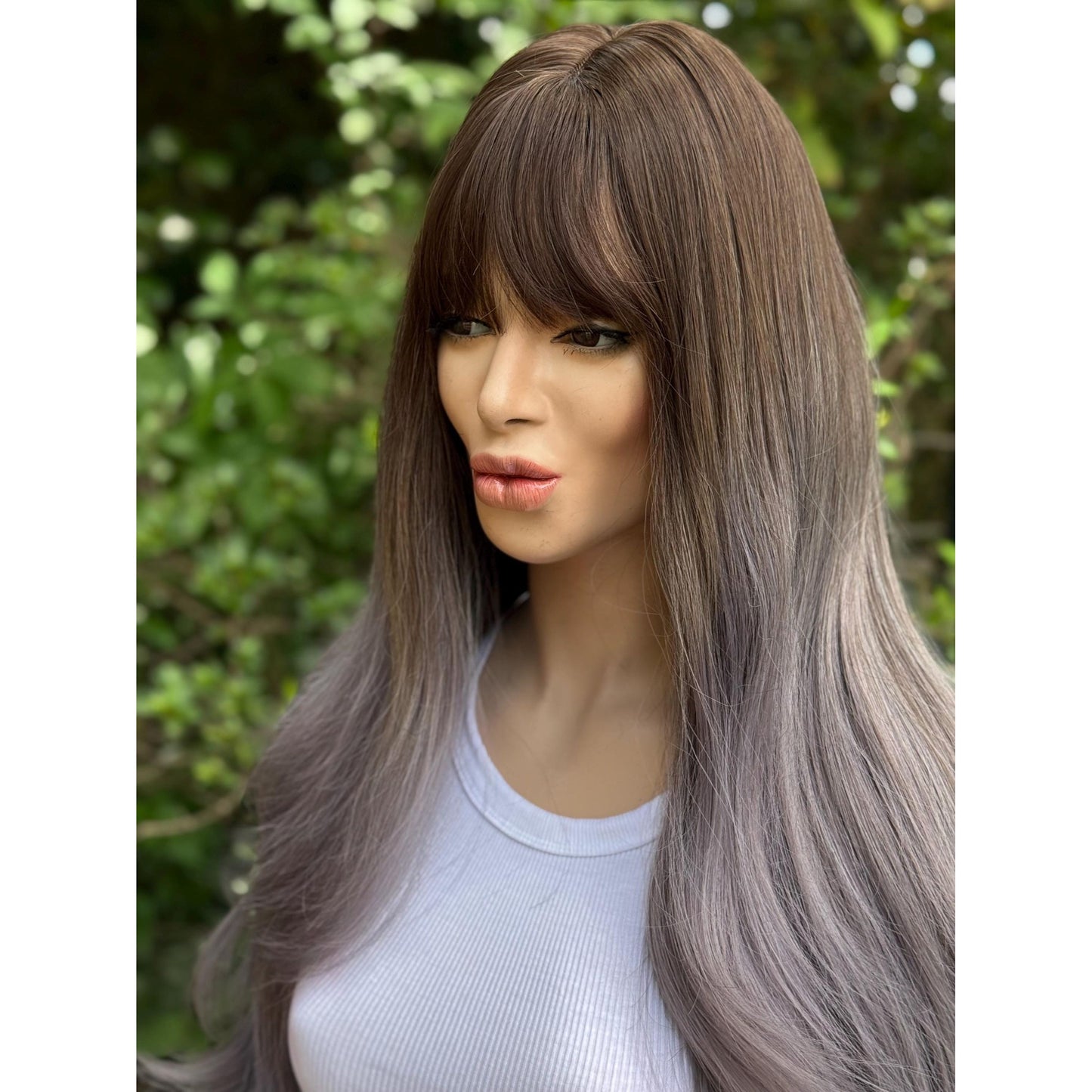 SMOKEY Dusty Heather Grey Lilac Purple Ombré Wig, Lightweight Full Cap, Heat Safe Glueless Unit with French Bangs