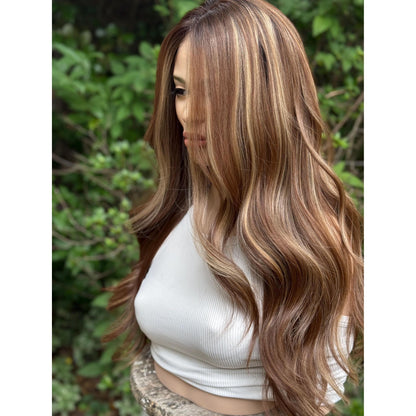 CAPRI Cappuccino Brown Blonde Highlights Wig, Lace Front, 13x4 Hand-Tied, Human Hair Blend