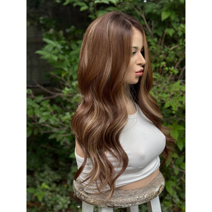 CAPRI Cappuccino Brown Blonde Highlights Wig, Lace Front, 13x4 Hand-Tied, Human Hair Blend
