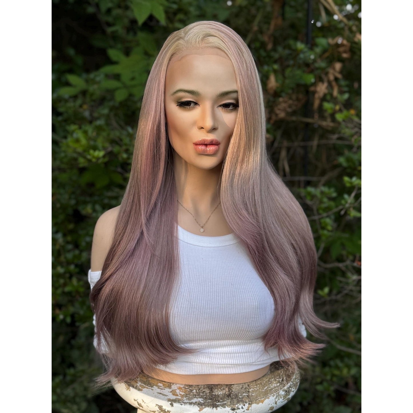 Dusty Mauve Purple Long Sleek Human Hair Blend Lace Front Wig Hand-Tied Lace Top