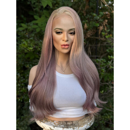 Dusty Mauve Purple Long Sleek Human Hair Blend Lace Front Wig Hand-Tied Lace Top