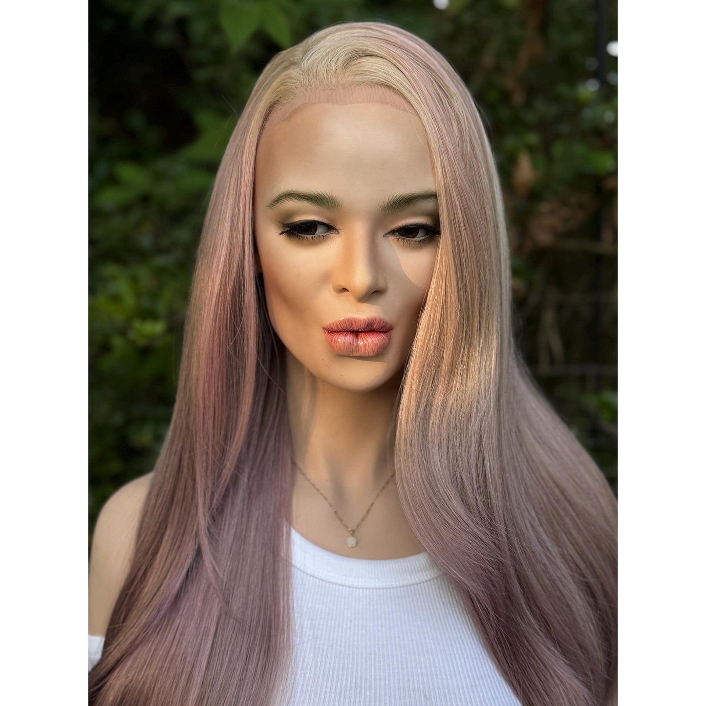 Dusty Mauve Purple Long Sleek Human Hair Blend Lace Front Wig Hand-Tied Lace Top