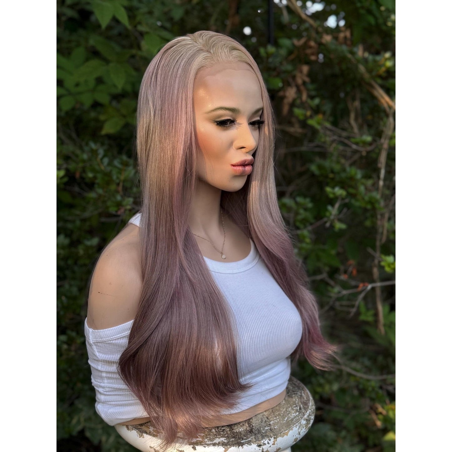 Dusty Mauve Purple Long Sleek Human Hair Blend Lace Front Wig Hand-Tied Lace Top