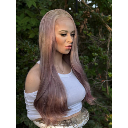 Dusty Mauve Purple Long Sleek Human Hair Blend Lace Front Wig Hand-Tied Lace Top