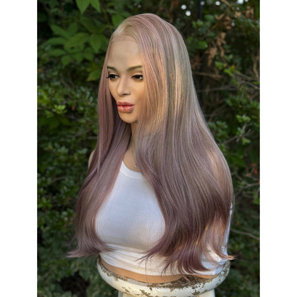 Dusty Mauve Purple Long Sleek Human Hair Blend Lace Front Wig Hand-Tied Lace Top