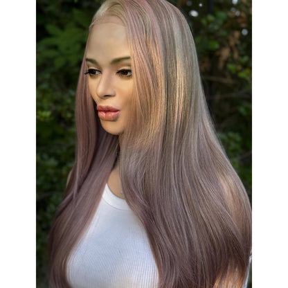 Dusty Mauve Purple Long Sleek Human Hair Blend Lace Front Wig Hand-Tied Lace Top