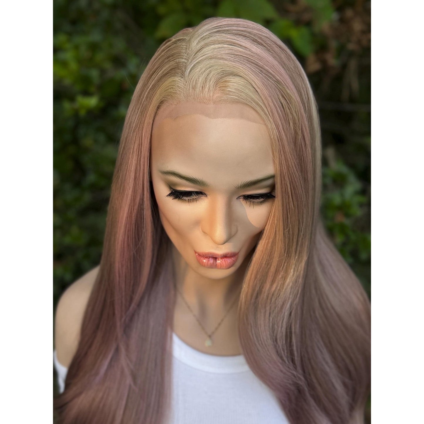 Dusty Mauve Purple Long Sleek Human Hair Blend Lace Front Wig Hand-Tied Lace Top