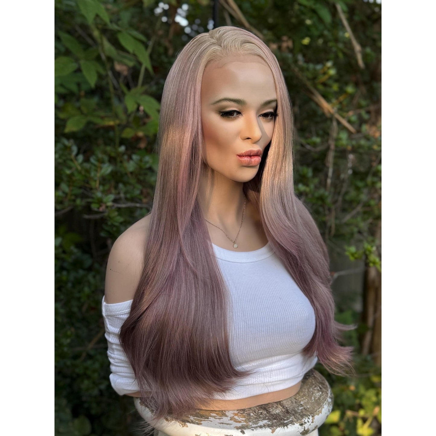 Dusty Mauve Purple Long Sleek Human Hair Blend Lace Front Wig Hand-Tied Lace Top