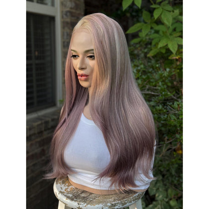 Dusty Mauve Purple Long Sleek Human Hair Blend Lace Front Wig Hand-Tied Lace Top