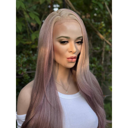 Dusty Mauve Purple Long Sleek Human Hair Blend Lace Front Wig Hand-Tied Lace Top