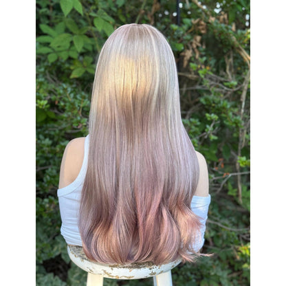 Dusty Mauve Purple Long Sleek Human Hair Blend Lace Front Wig Hand-Tied Lace Top