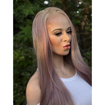 Dusty Mauve Purple Long Sleek Human Hair Blend Lace Front Wig Hand-Tied Lace Top