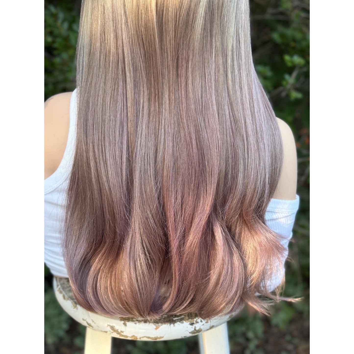 Dusty Mauve Purple Long Sleek Human Hair Blend Lace Front Wig Hand-Tied Lace Top