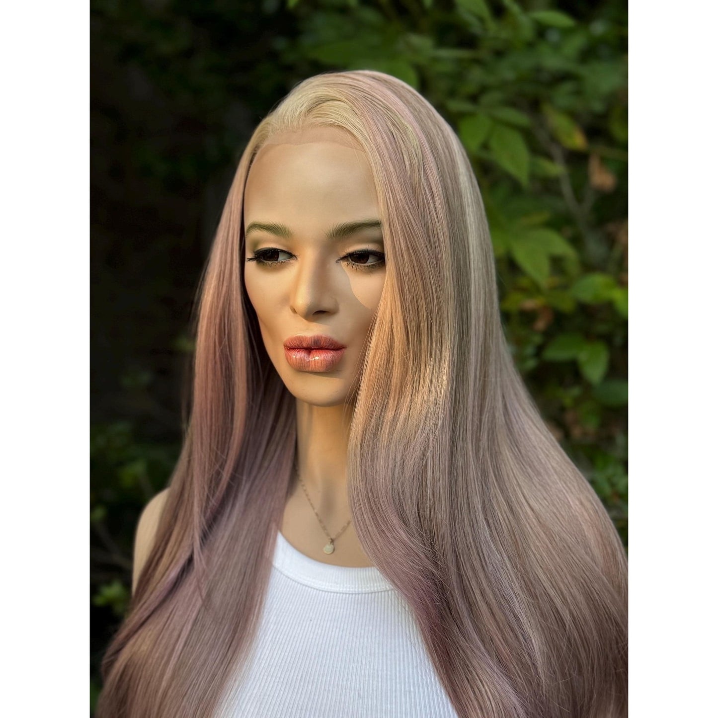 Dusty Mauve Purple Long Sleek Human Hair Blend Lace Front Wig Hand-Tied Lace Top
